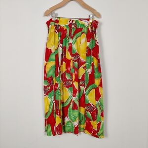 Women's Yellow Red Print Pleated A-Line Maxi Skirt Size Large